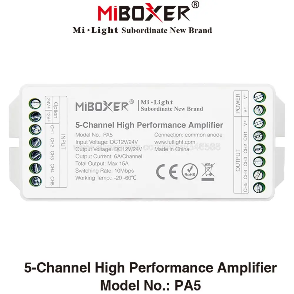 

MiBoxer PA5 DC12V 24V Max. 15A 5-Channle 6A/CH High Performace LED Amplifier Controller for RGB RGBW RGBWW RGB+CCT LED Strips