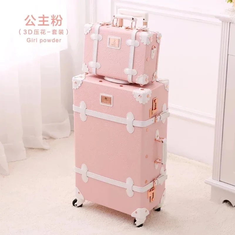 花 2 ピース/セットヴィンテージ高級 Pu 旅行の荷物の女性のレトロトロリースーツケースバッグ女の子化粧品メイクアップ小型スーツケース