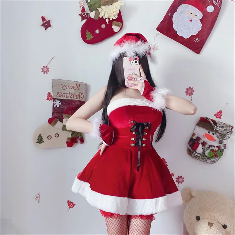 Women Velvet Sexy Xmas Party Mini Dress Fancy Santa Claus Cosplay Costume Adult Miss Christmas Outfits with Hat Gloves