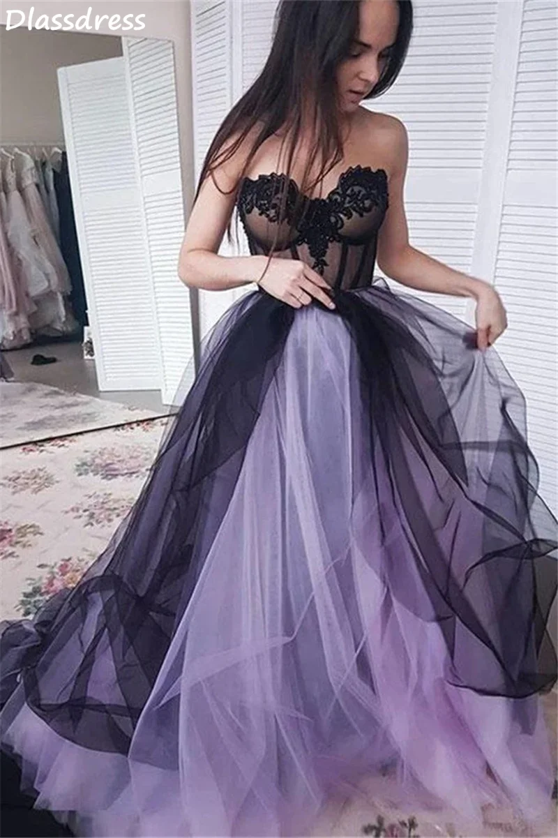 

Black Tulle Prom Dresses Strapless Sweetheart Neck Laces Illusion A-line Sweep Train Simple Evening Dresses коктейльные платья