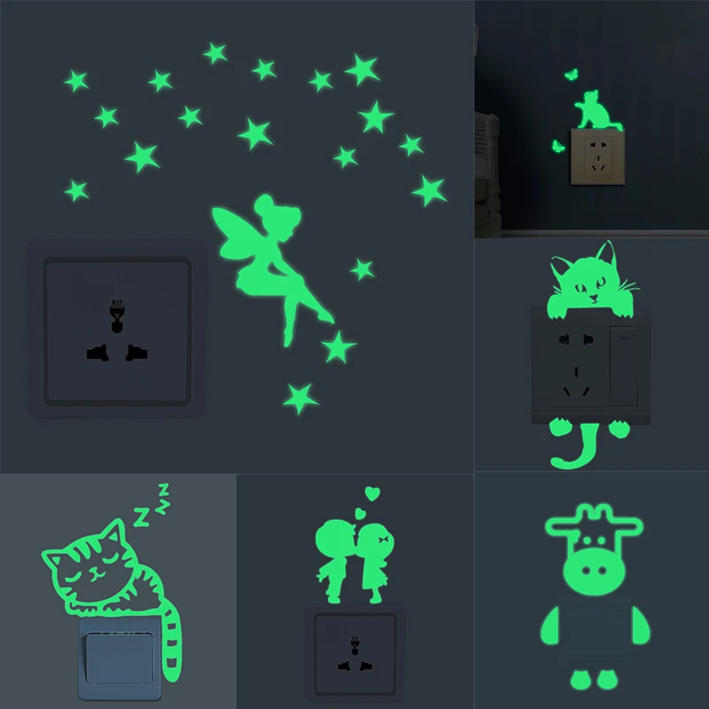 Cartoon Luminous Switch Sticker Glow In The Dark Wall Stickers Home Decor Kids Room Decoration Sticker Decal Cat Fairy Moon Star