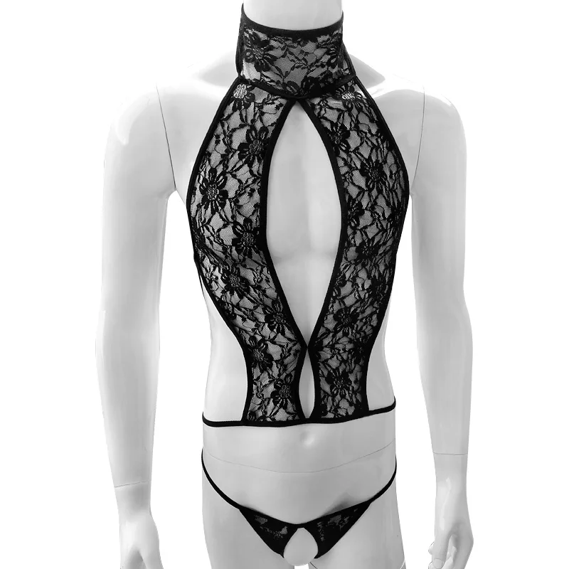 See Through Men Lace Bikini Lingerie Set Sleeveless Sissy Bra Tops with Crotchless G-string Thong Underwear Gay Sexy Panties