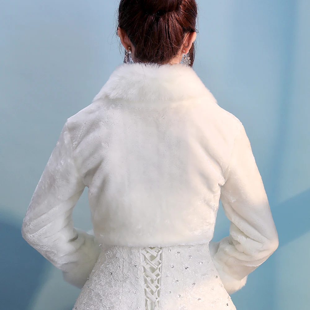 Vrouwen Ivoor Winter Warm Faux Fur Wedding Bridal Bolero Elegante Lange Mouwen Accessoire Cape Revers Kraag Sjaal Bolero Jas