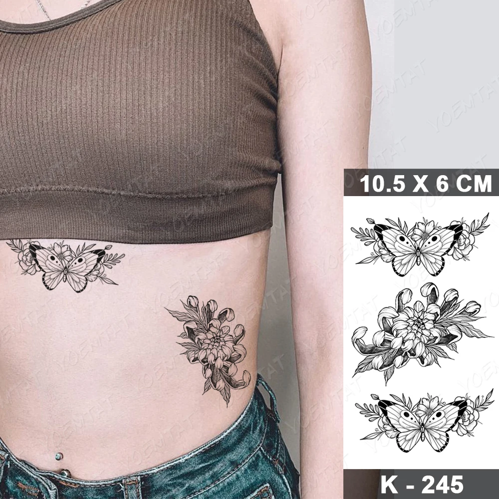 Waterproof Temporary Tattoo Stickers Black Butterfly Rose Transfer Flash Tatoo Women Sexy Neck Hand Chest  Body Art Fake Tattoos