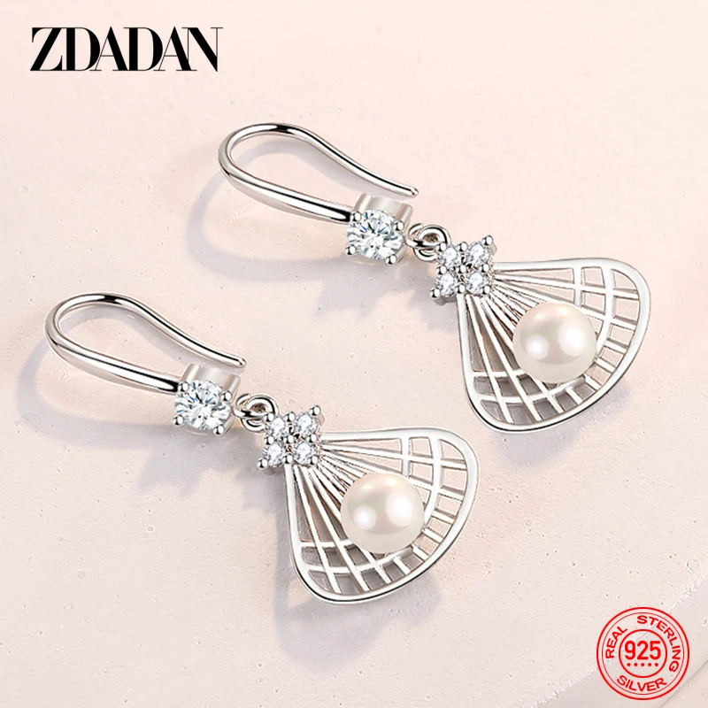 ZDADAN 925 Sterling Silver Fan Pearl Earrings For Women Fashion Jewelry Wedding Gift