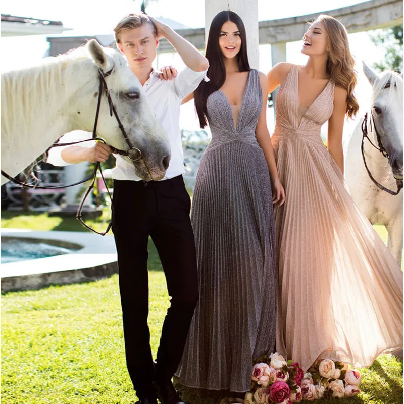 Vestidos de graduación brillantes con cuello en V, vestido de noche largo, línea A, rosa, transparente, Formal, graduación