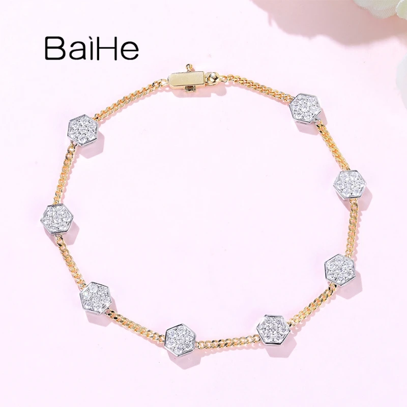 BAIHE Solid 18K White Yellow Gold 0.85ct H/SI Natural Diamond Hexagon Bracelet Women Trendy Engagement Wedding Fine Jewelry