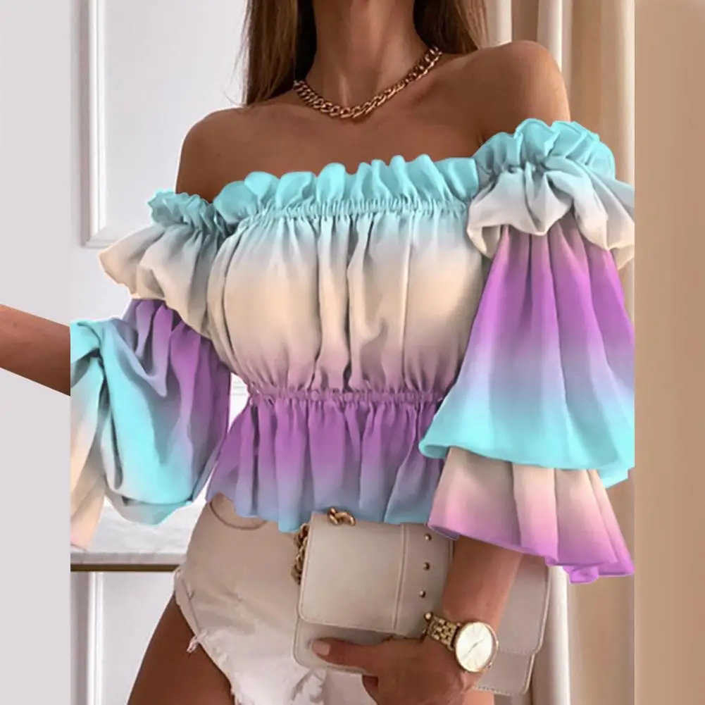 Women T-Shirts Sexy Off Shoulder Multi-layer Top Colorful Pleated Ladies Flare Sleeve Shirt for Dating Club for Autumn футболка