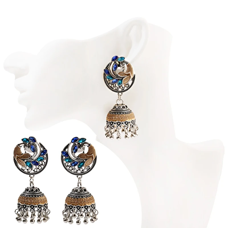 Ethnic Women\'s Blue Peacock Earrings Turkey Bijoux Vintage Bollywood Silver Color Bell Tassel Earrings Tribe Indian Jewelry