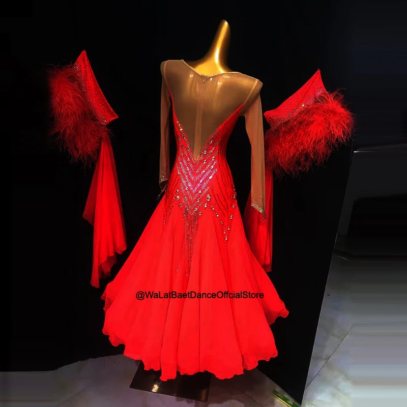 Vestido de baile de salón de vals y Tango de competición moderna de plumas rojas, vestido de baile estándar de manga larga para niñas y mujeres, disfraces Bule