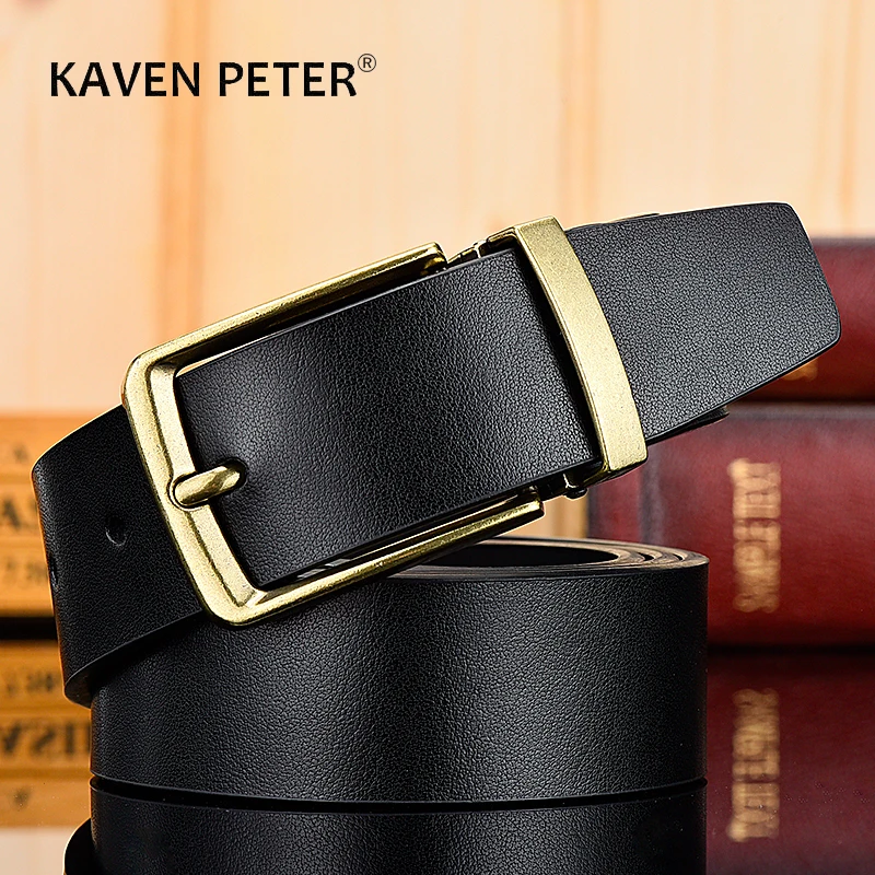 Classic Male Leather Trousers Belt Cow Genuine Leather Luxury Strap For Men Jeans Gold Matel Pin Buckle High Quality