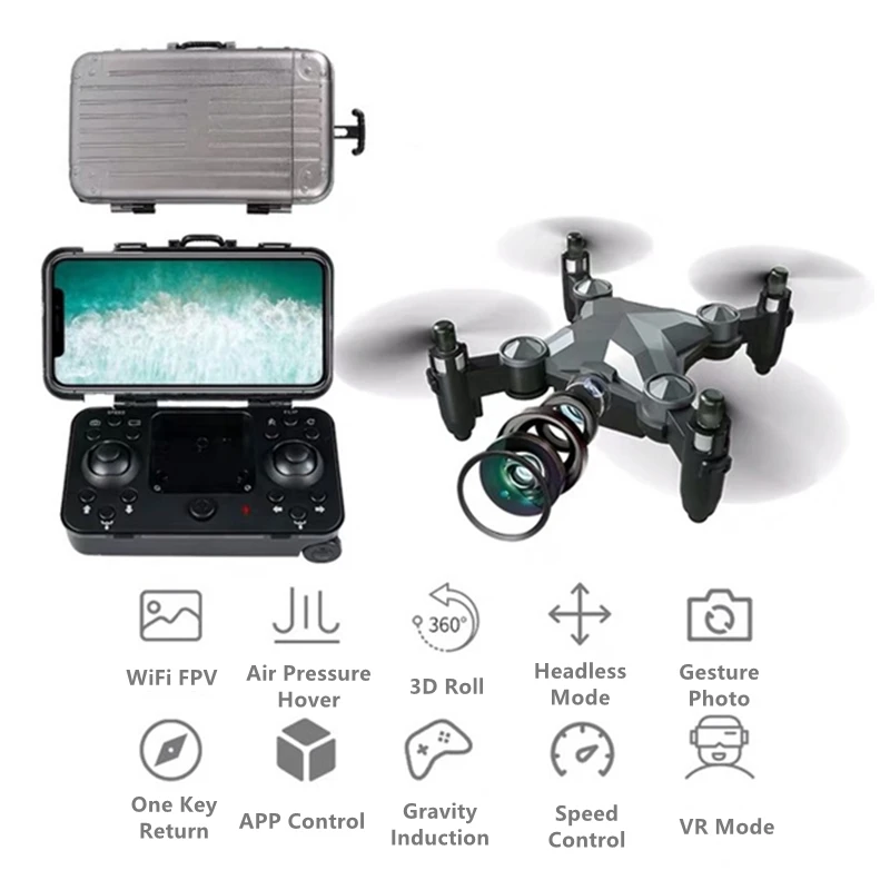 Luggage Mini Folding Portable Drone HD Aerial WiFi FPV Air Pressure Hover 3D Roll Gesture Control Remote Control Quadcopter Toy