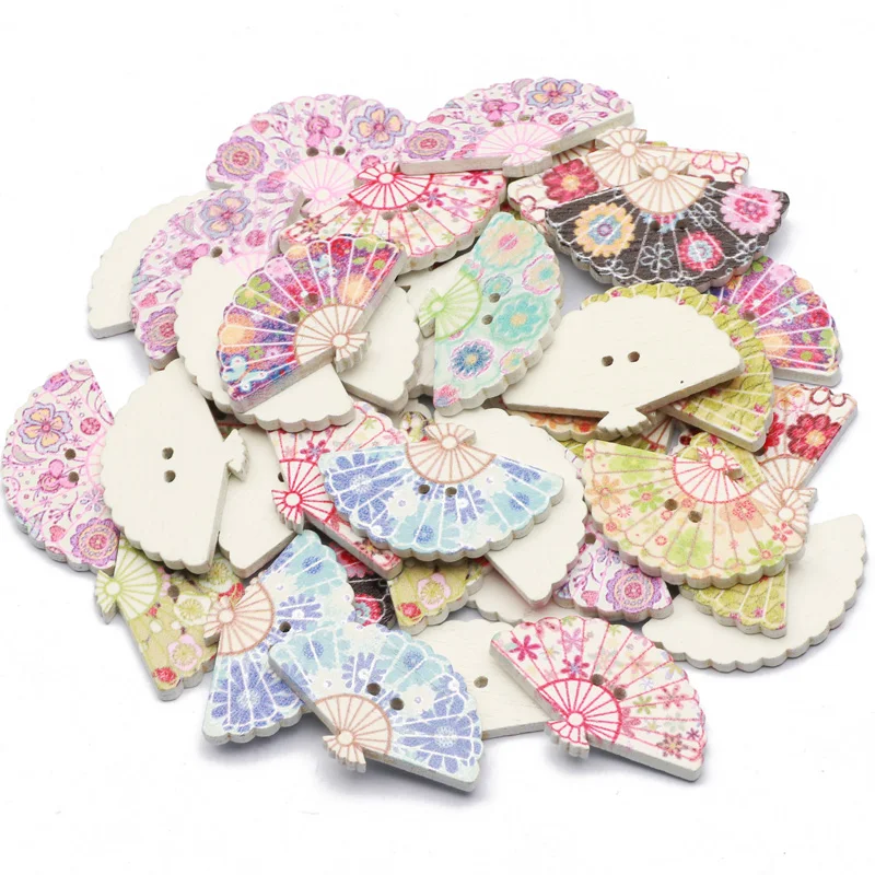 50Pcs Fan Shape Painting 2 Holes Wooden Buttons For Clothing Sewing Scrapbooking Decoration Crafts Diy Accessories 18x30mm