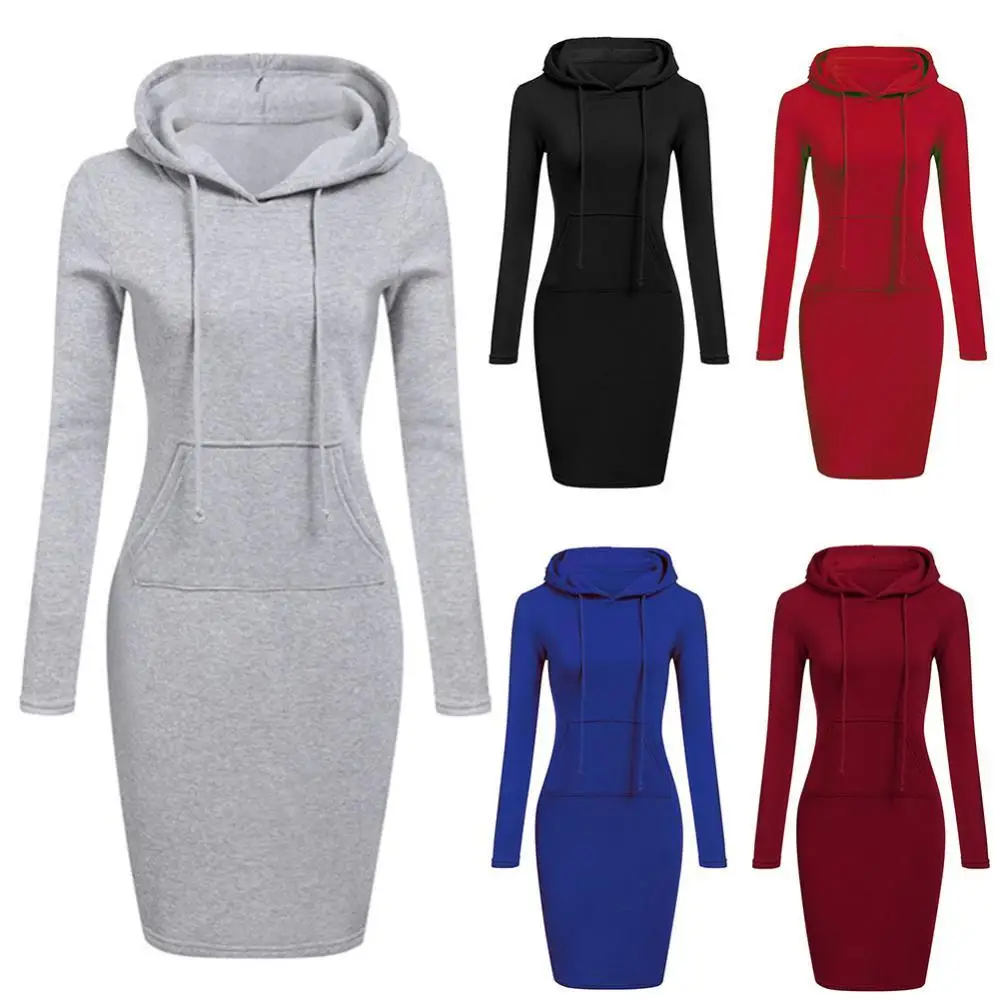 New Autumn Solid Color Women Long Sleeve Pocket Bodycon Hooded Sweatshirt Hoodies Dress Long Sleeve Tunic Dress Top