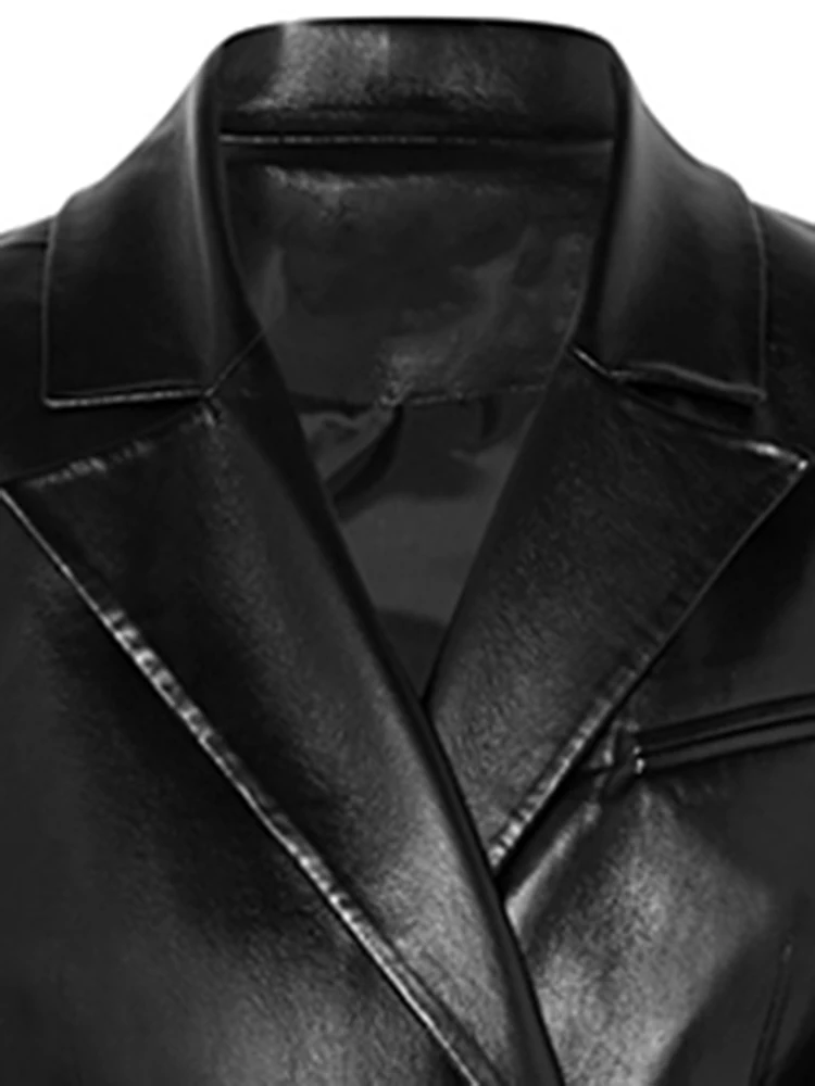 Lautaro Autumn Short Elegant Luxury Black Faux Leather Blazer Long Sleeve Double Breasted Womens Leather Jackets and Coats 2023