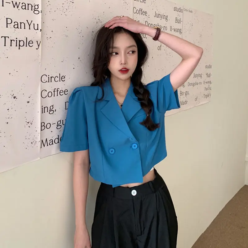 Blazers Women Daily All-match Thin Summer Double Breasted Solid Chic Office Lady Crop Blazer High Street Korean Fashion Elegant