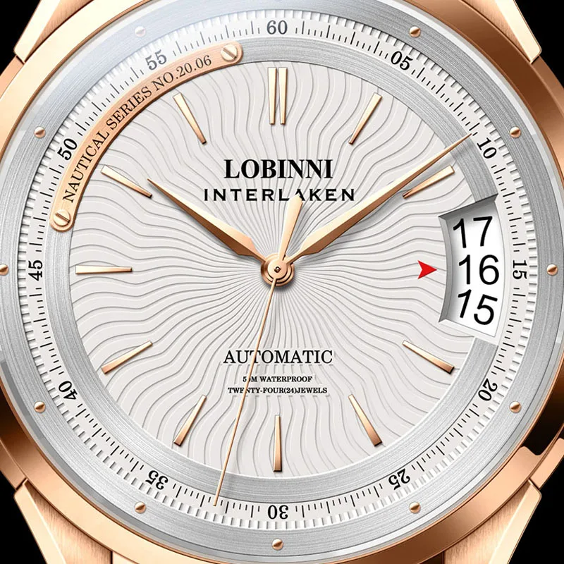 LOBINNI ساعة رجالية فاخرة الياقوت 50 متر مقاوم للماء ساعات آلية أوتوماتيكية احتياطي الطاقة 80 ساعة ساعة يد عالية الجودة