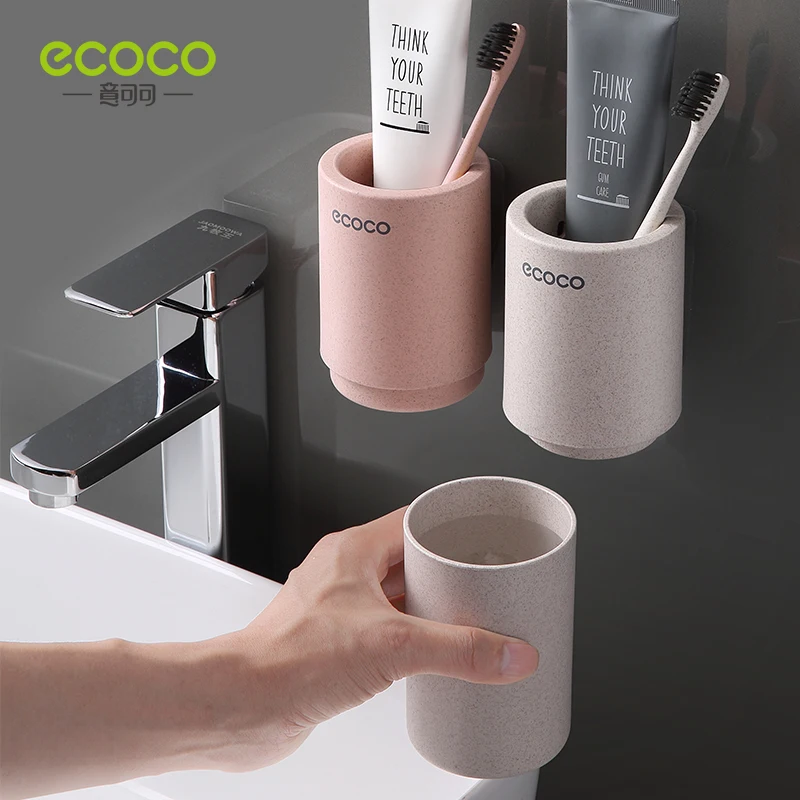 ECOCO Wall Mount Toothbrush Wash Cup Holder Magnet Toothbrush Holder Wheat Straw Healthy for Home Bathroom Accessories