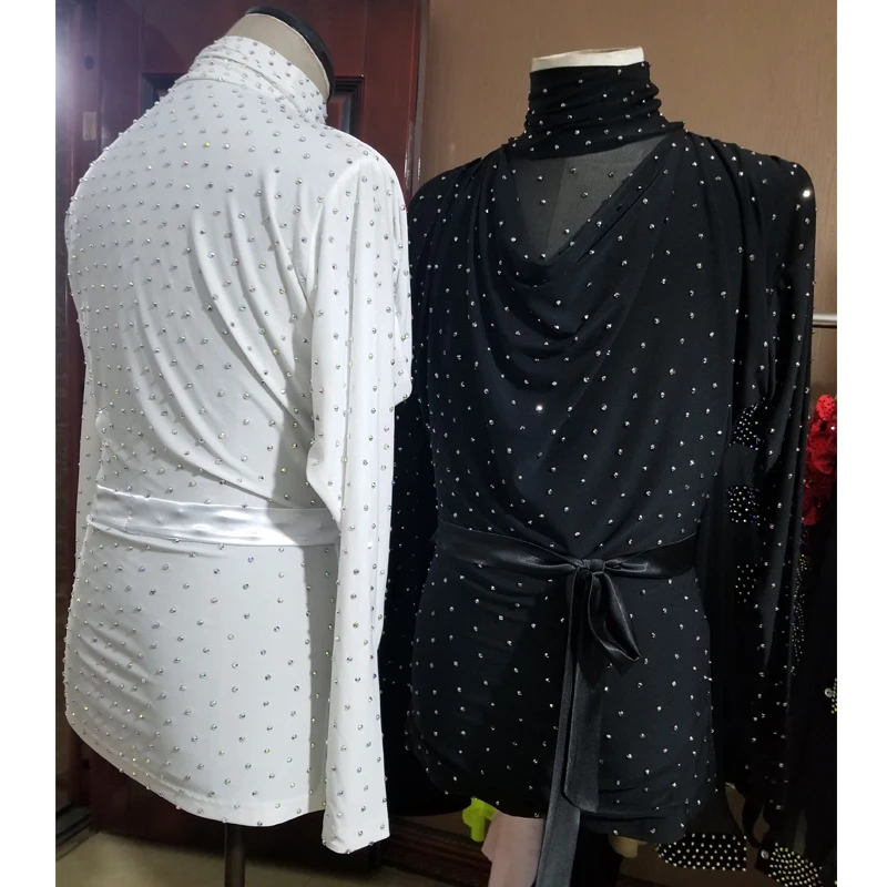 Latin Dance Costume Men Rhinestone Tops High Collar Ballroom Dancing Competition Shirt Long Sleeves Samba Salsa Clothes DNV13902