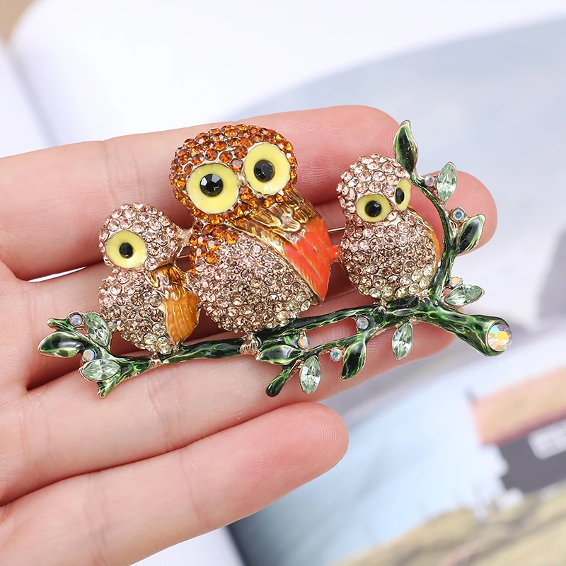 Tree Rhinestone Owl Brooch 2 Color Ladies Clothes Scarf Collar Collar Jewelry Pin Gift