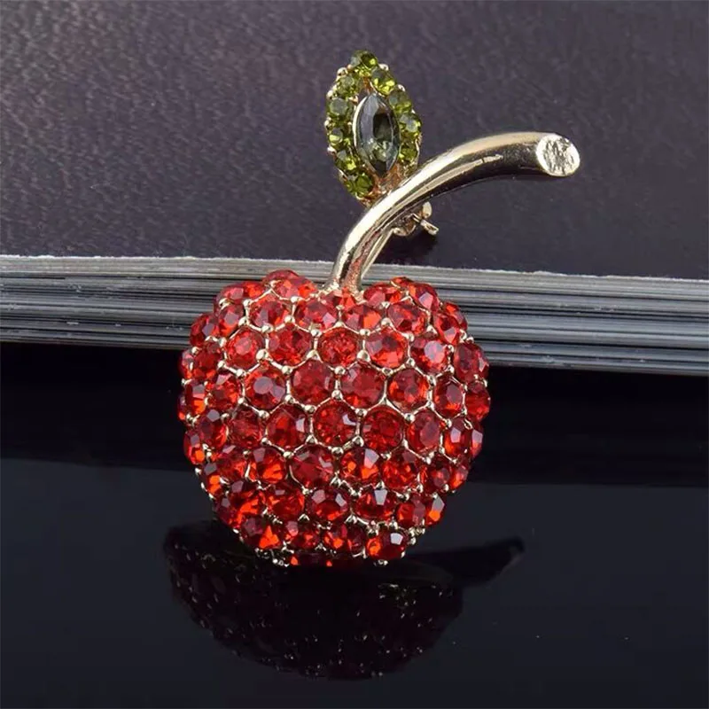 Wuli&baby Little Red Rhinestone Apple Women Brooch Pins Gift