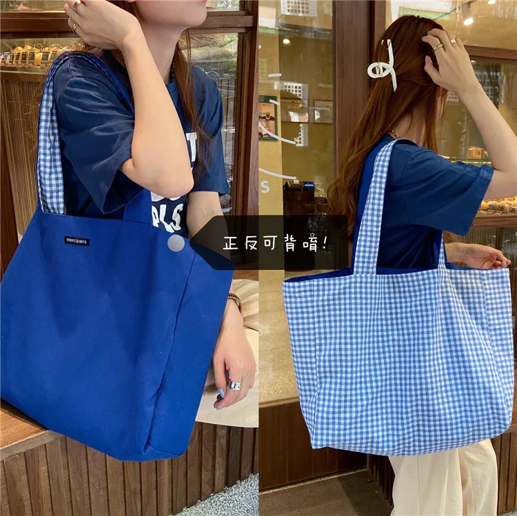 Simple Plaid Women Canvas Handbags Double-sided Ladies Large Shoulder Bag Student Girls Casual Tote Female Cloth Shopping Bags