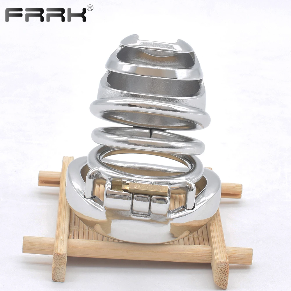 FRRK Metal Cock Cage Stainless Steel Male Chastity Device Penis Ring BDSM Bondage Adult Sex Toys For Erect Denial Games