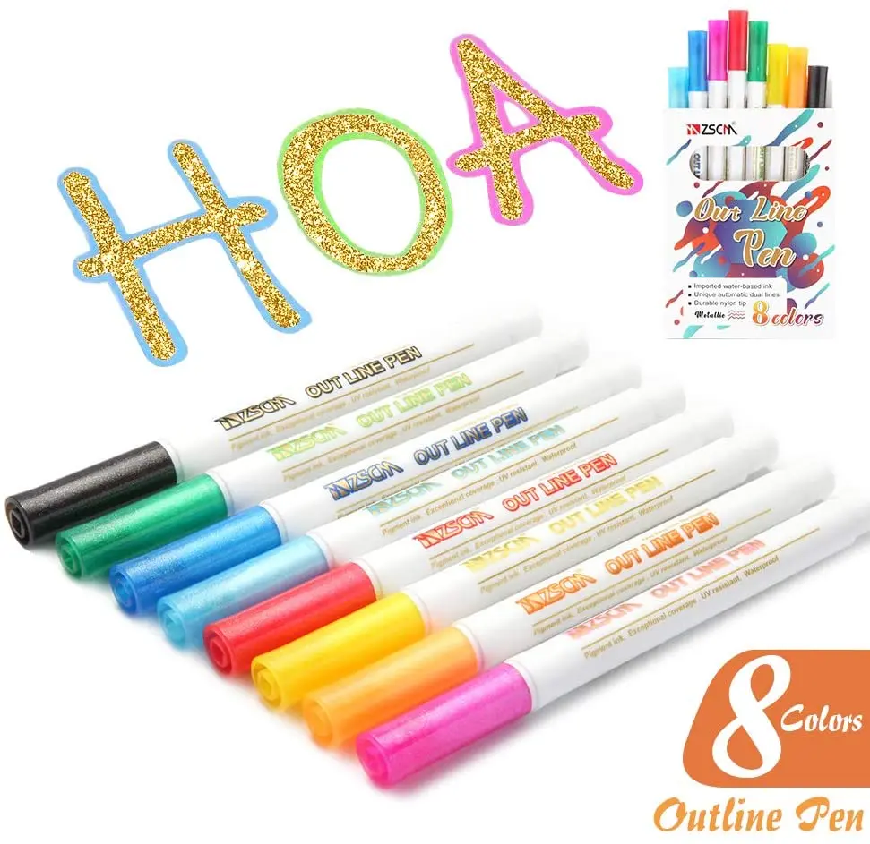 

8 Colors Double Line Outline Pen Glitter Color Fluorescent Marker Metal Color Pen Handwriting Pen for Drawing Christmas Doodling