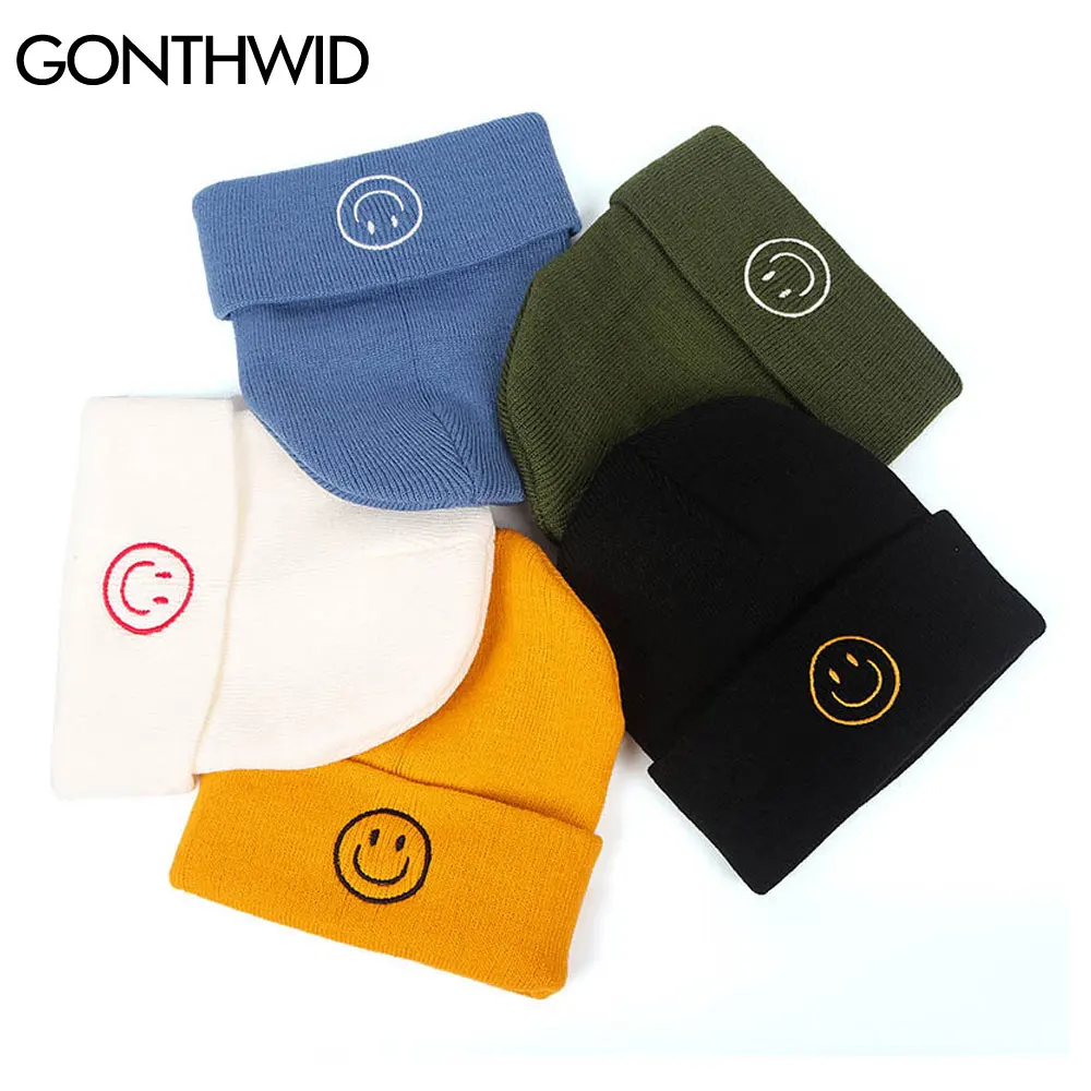 GONTHWID Beanie cappelli lavorati a maglia tinta unita Hip Hop Harajuku ricamo sorriso viso caldo polsino Slouchy Skull berretti da sci berretti