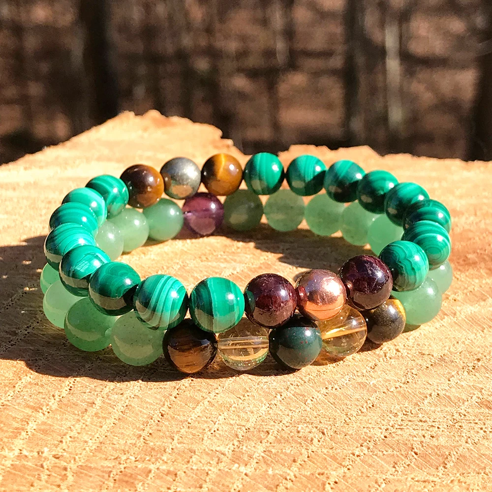 Wholesale Natural Gemstone Abundance Bracelet Set Malachite Copper Tiger Eye Green Aventurine Garnet Beaded Stacking Jewelry