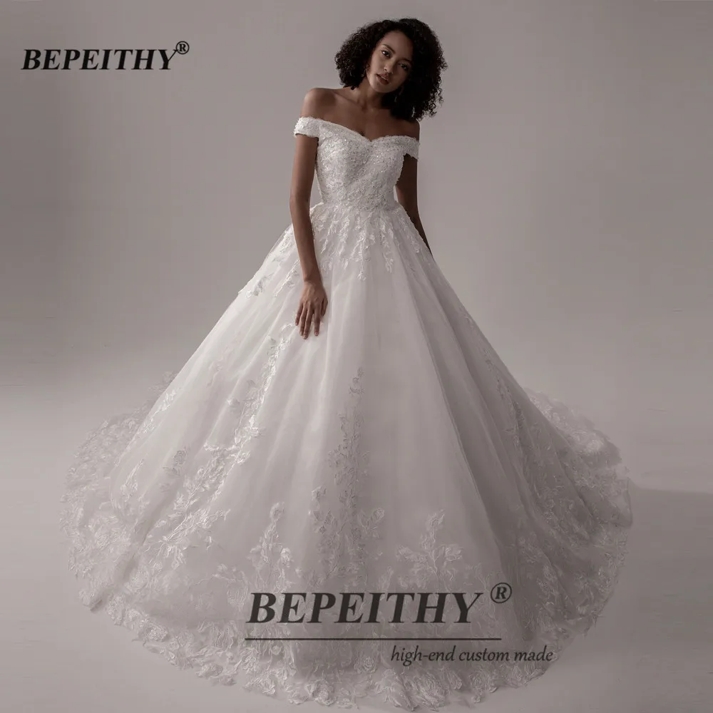 BEPEITHY-Vestidos de Novia de encaje de lujo, con hombros descubiertos de princesa vestido de novia, tren de corte, sin mangas, 2022