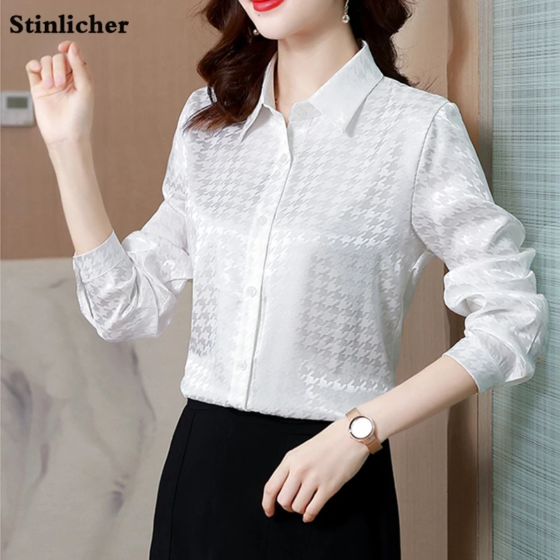 Fashion Party Houndstooth Satin Silk Shirt Women\'s Plaid Blouse Elegant Office Ladies Work Shirt Spring Autumn Long Sleeve Tops