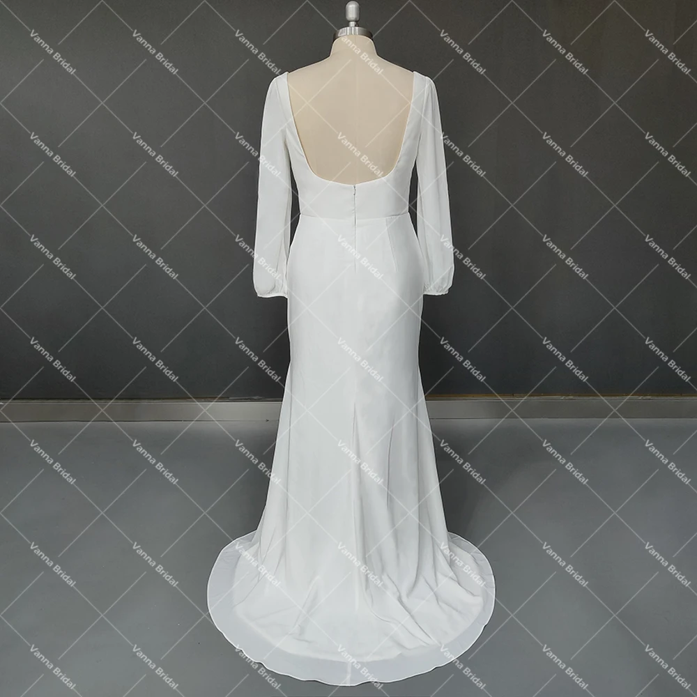 Vestido de novia minimalista de gasa con cuello cuadrado, ropa de novia con cremallera, Espalda descubierta, manga larga, abertura alta, hecho a medida, talla grande