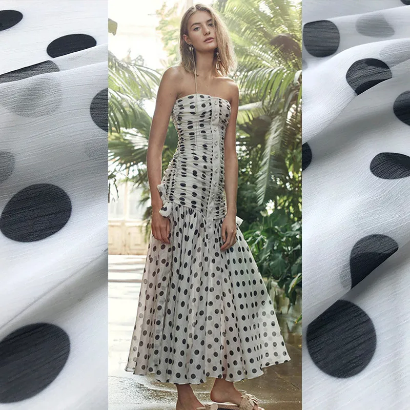 Polyester Smooth Fabric Brand Fashion Design Polka Dot Print Thin Perspective for Dress Diy Sewing Fabrics Cloth Per Meter