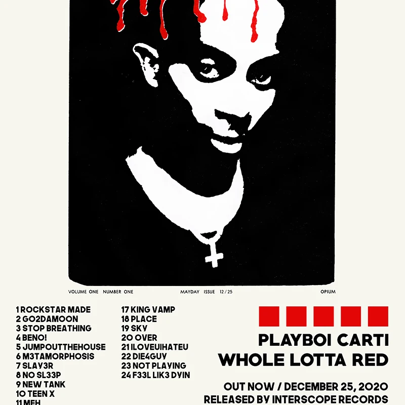 Playboi Carti Posters Whole Lotta Red Tracklist Album Cover Poster Die Lit Music Wall Art Canvas Painting Prints Decor Fans Gift