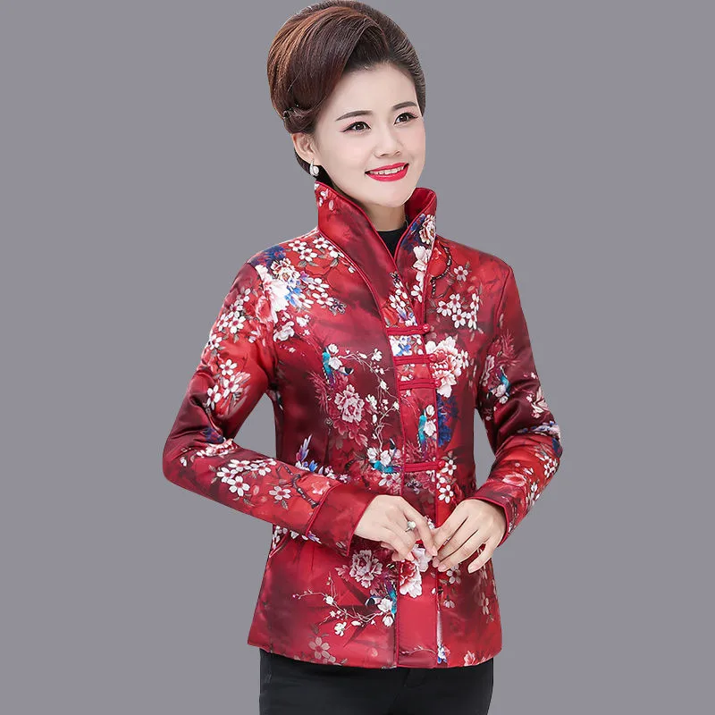 Women Winter Down Cotton Jacket 2024Middle-aged Female Tang Suit Printing Cotton Jacket Middle-aged Mother Thick Warm Coats C