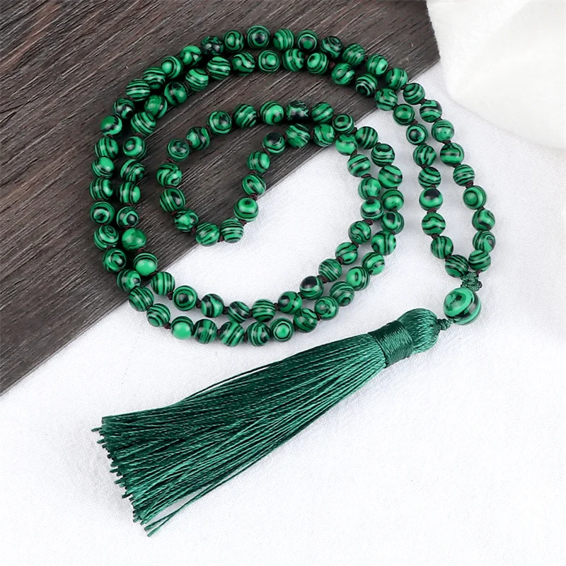 6mm Green Malachite Necklace Natural Stone Handmade 108 Beads Mala Tassel Pendant Necklace Meditation Yoga Jewelry for Women Men