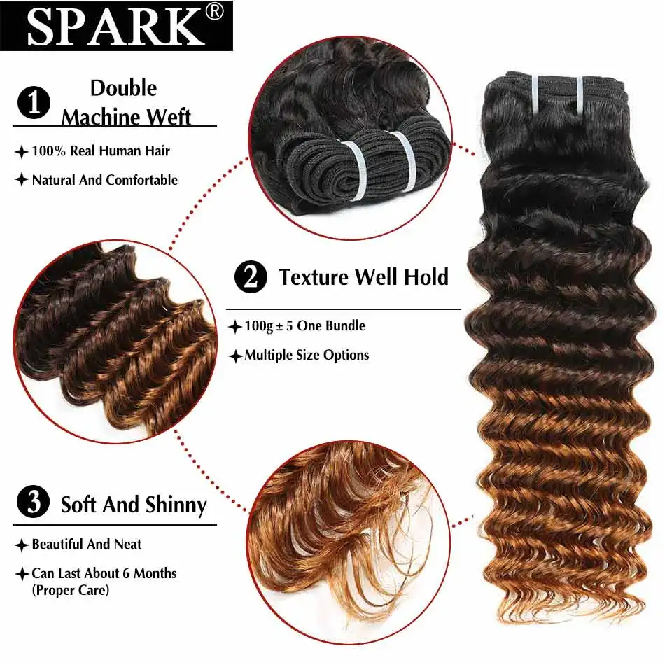 SPARK Ombre Brazilian Human Hair Weave Deep Wave Bundles With Closure Middle Part Remy Human Hair With Closure For Black Women