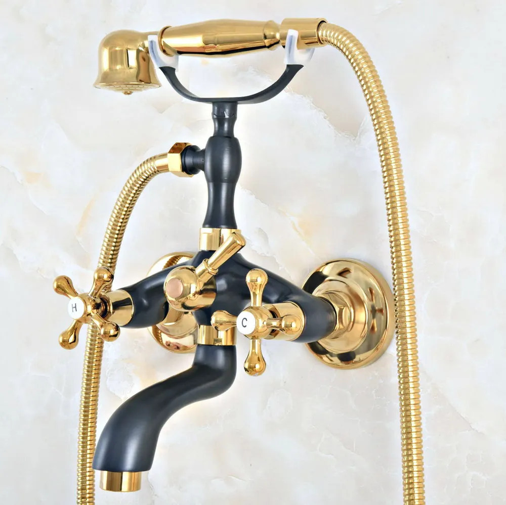 Black Gold Color Brass Bathtub Faucet Wall Mount Handheld Bath Tub Mixer System with Handshower Telephone Style zna404