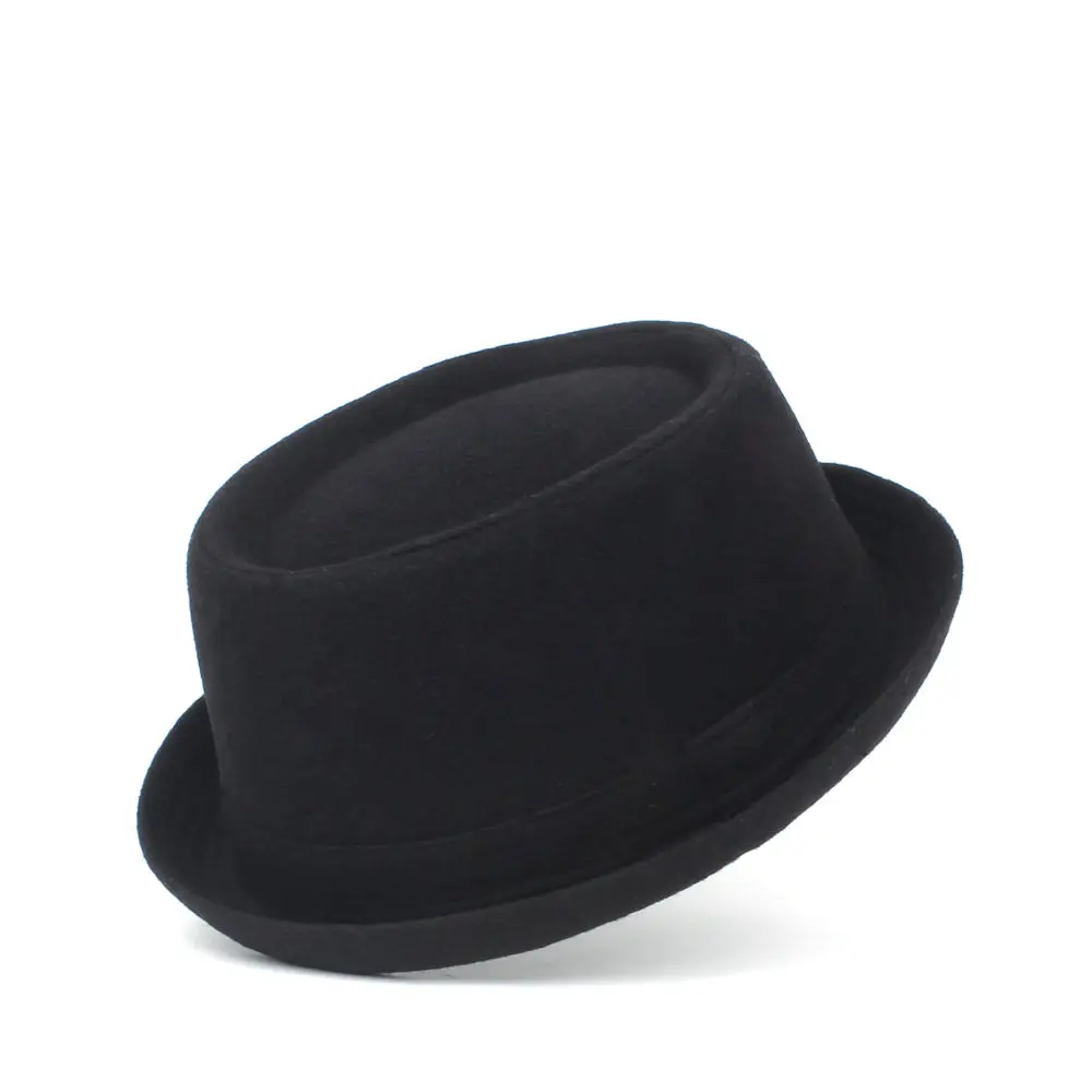 4 Size 100% Wool Men Pork Pie Hat For Dad Black Fedora Hat For Gentleman Flat Bowler Porkpie Top Jazz Hat