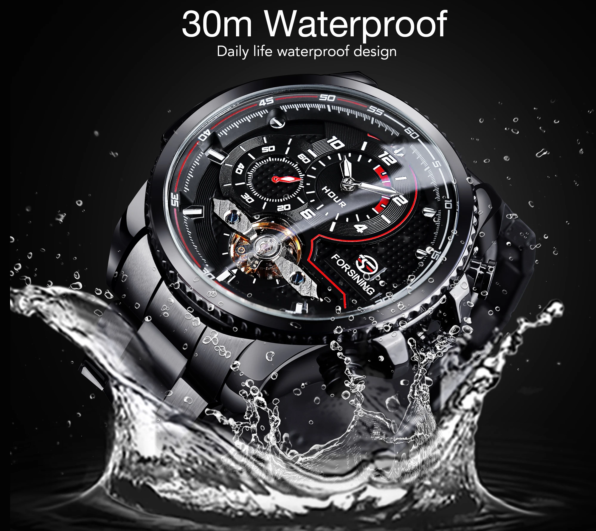 Forsining Black Dial Automatic Mechanical Watch Waterproof Wristwatches Tourbillon Stainless Steel Band Military Watches Reloj