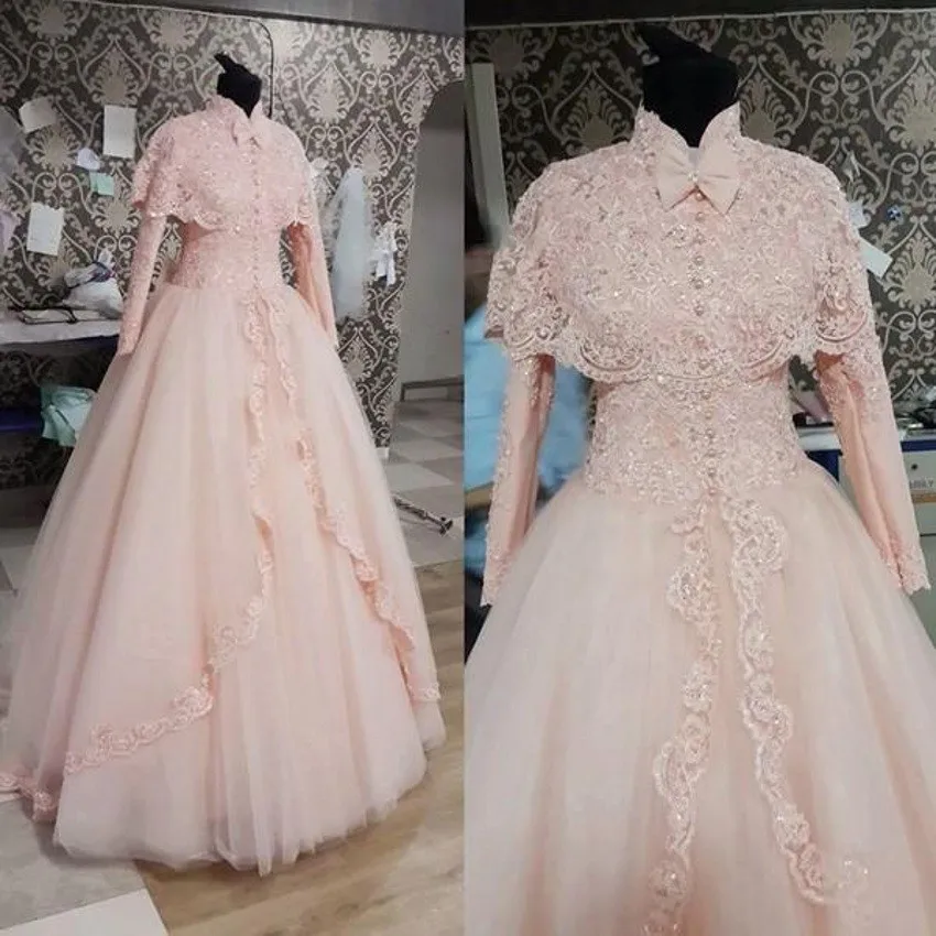 جلسة ارض elegancki muzułmanin vintage różowy na szyję długie rękawy suknia ślubna Appliqued koronkowe Vestidos de Noiva Bespoke suknie ślubne