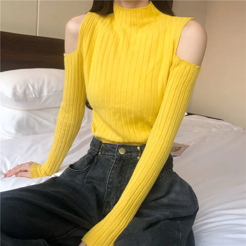 Sweater Women Turtleneck Off-shoulder sexy knit Orange short sweater 2020 Winter jumpers elegant solid Full slim pullover tops