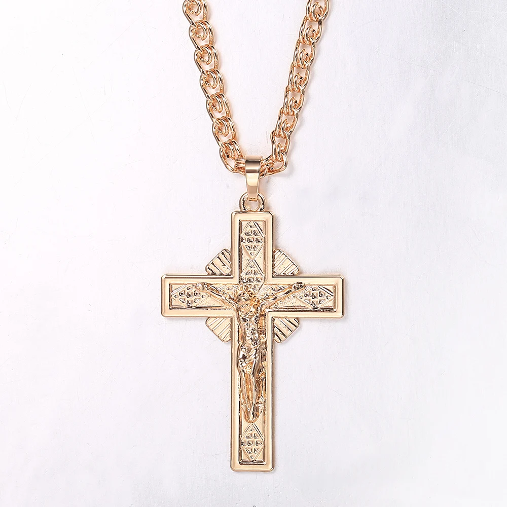 Men's Hammered Cross Pendant Necklace For Men 585 Rose Gold Color Snail Link Chain Prayer Choker Male Jewelry Gifts GP437