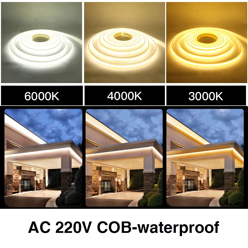 COB LED Strip 220V Waterproof Outdoor Decor 288 Leds/M RA 80 High Brightness 3000K 4000K 6000K Flexible Ribbon FOB Light