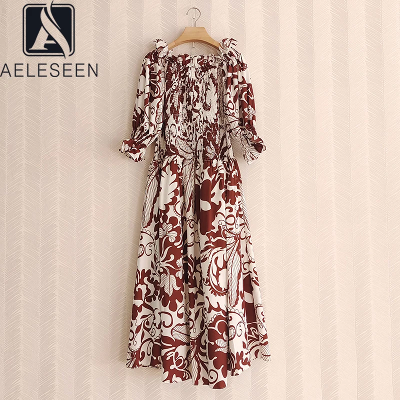 

AELESEEN Bohemian Women Dress 2022 Spring 3/4 Sleeve Slash Neck Runway Fashion Floral Print Elastic Long Party Holiday Dresses