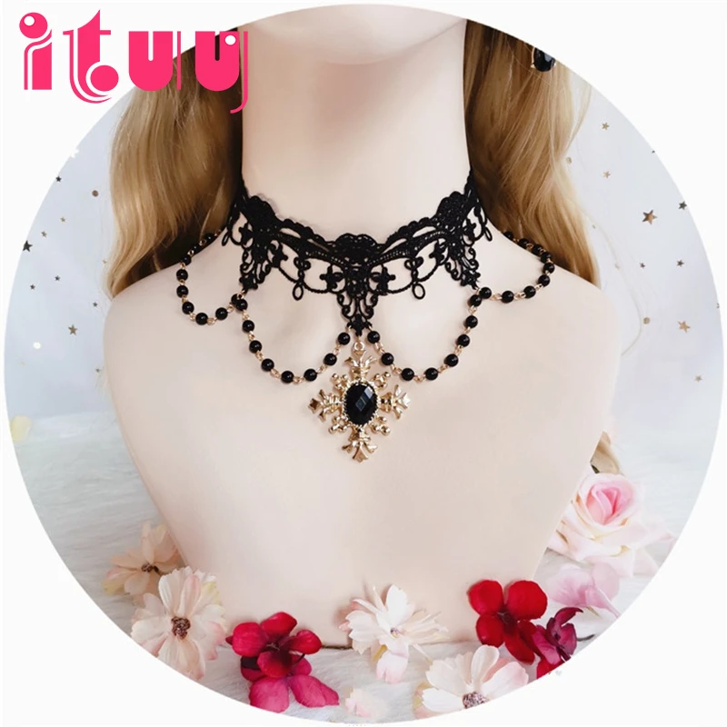 Lolita KC Gothic Diablo Series Notre Dame Apollo Sun Punk Rose Pearl Lace Collarbone Chain Necklace