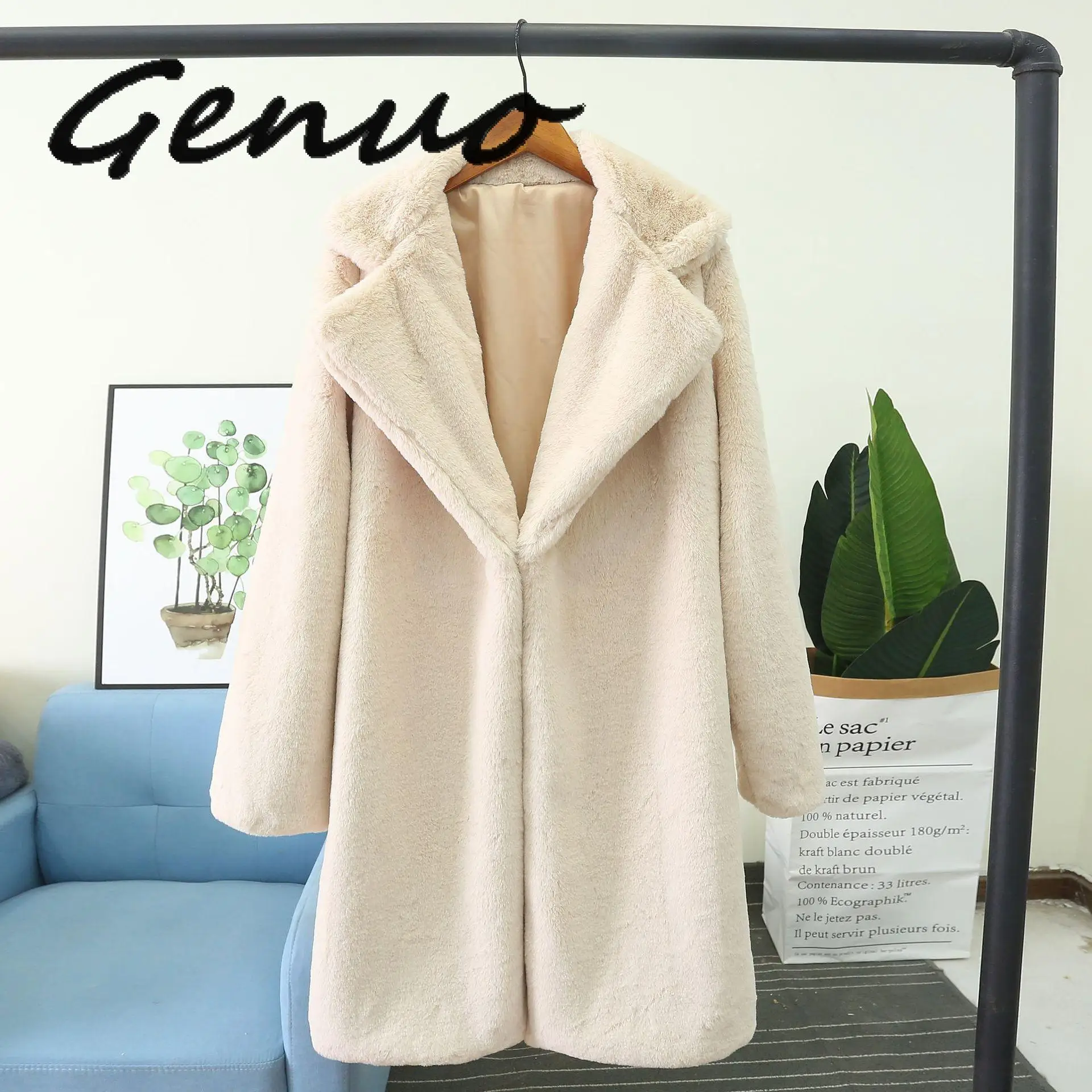 Genuo Winter Faux Rabbit Fur Coat Women Winter Mid Long Coat Oversized Female Thick Warm Faux Fur Jacket Ladies Loose Plush Coat