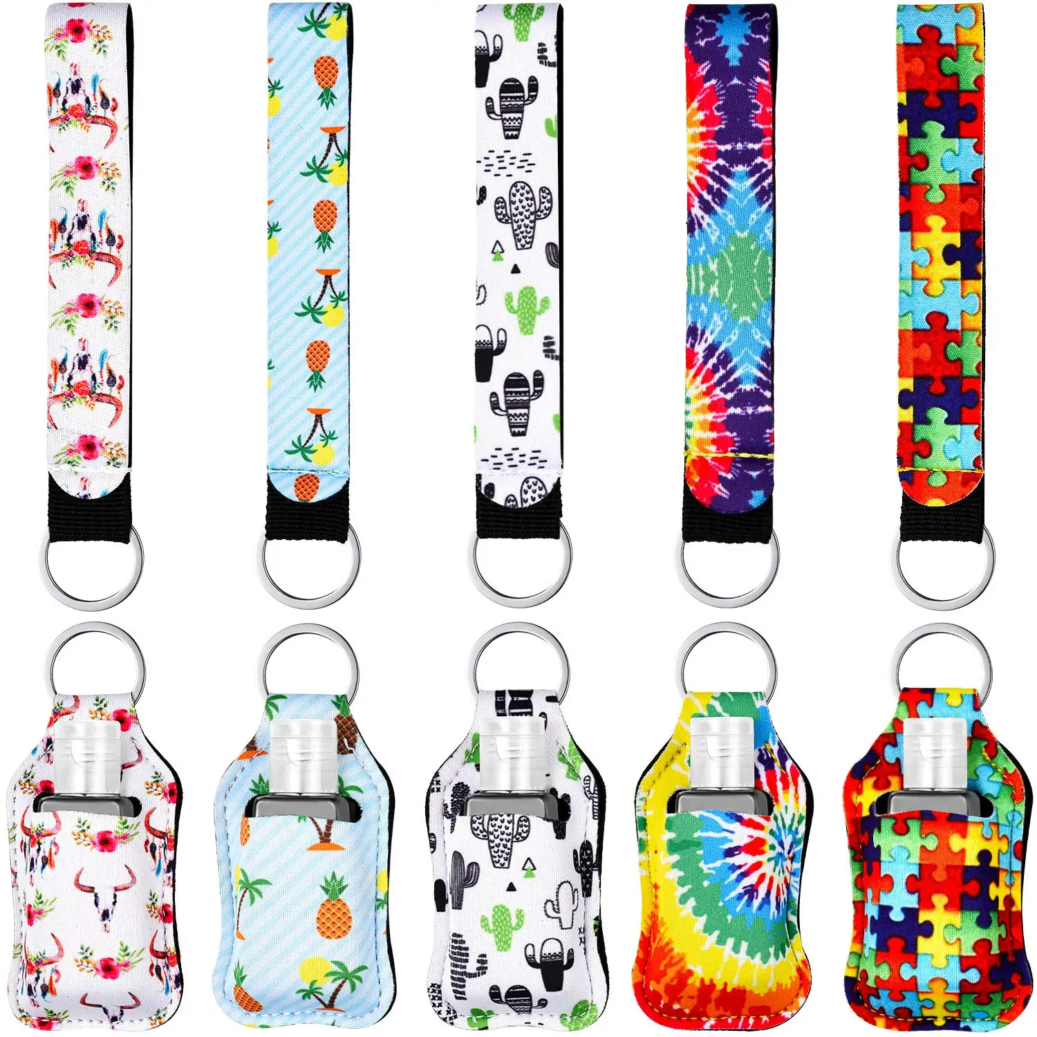 15pc=5set 30ml Refillable Empty Travel Plastic Shampoo Bottle with Keychain Holder with Wristlet Keychains Chapstick Key Holders