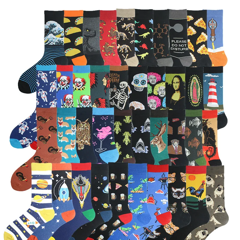 Men Dinosaur Astronaut Planet Crew Socks Harajuku Big Size Sokken Unisex Skateboard Divertidos Happy Design Hip Hop Funny Socks